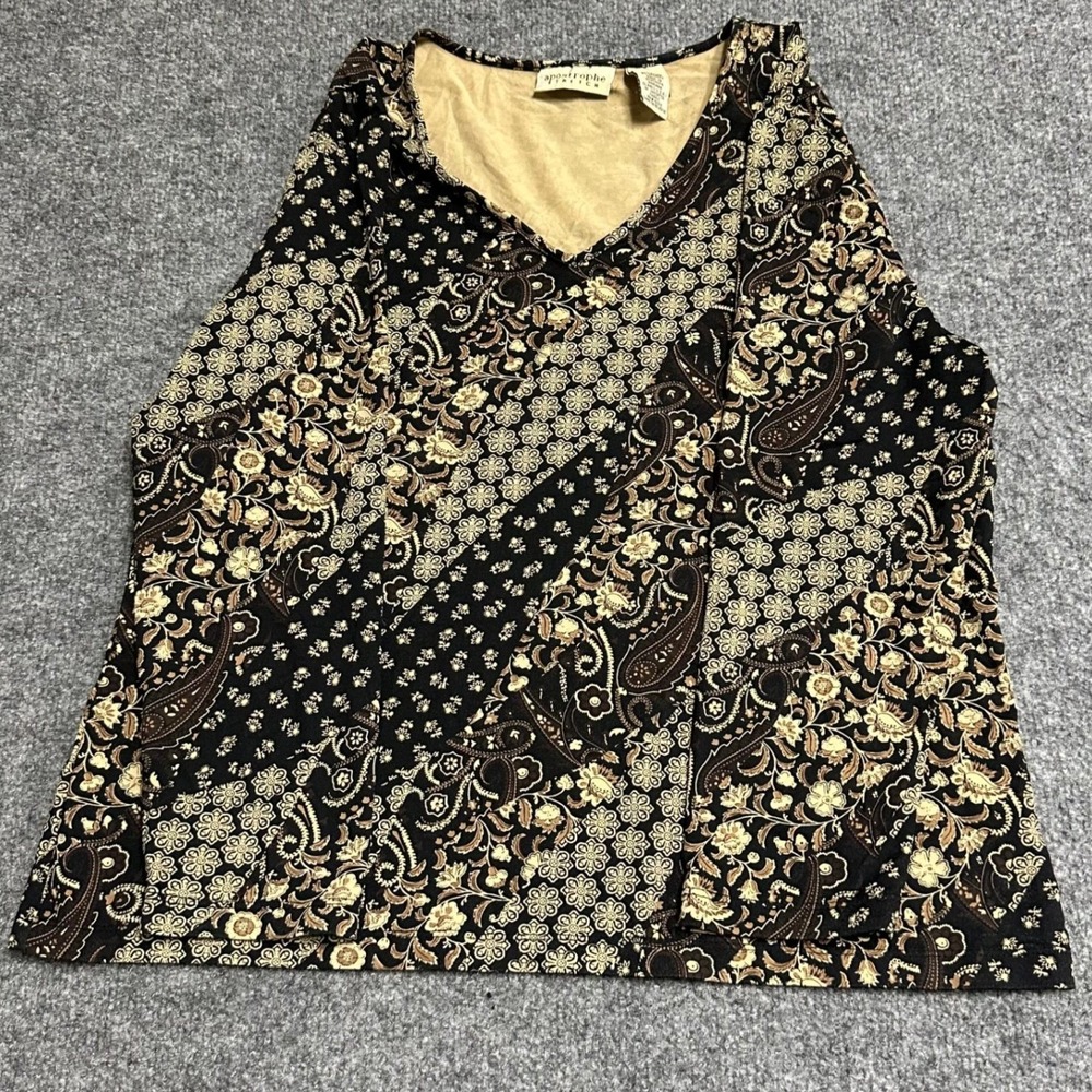 Apostrophe Tank Top Womens Size XL Black Tan Paisley Patchwork Stretch V-Neck